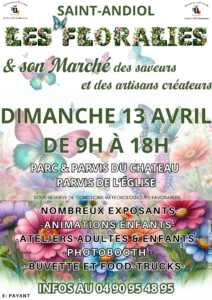 Affiche promotionnelle colorée avec des motifs floraux des Floralies a St Andiol